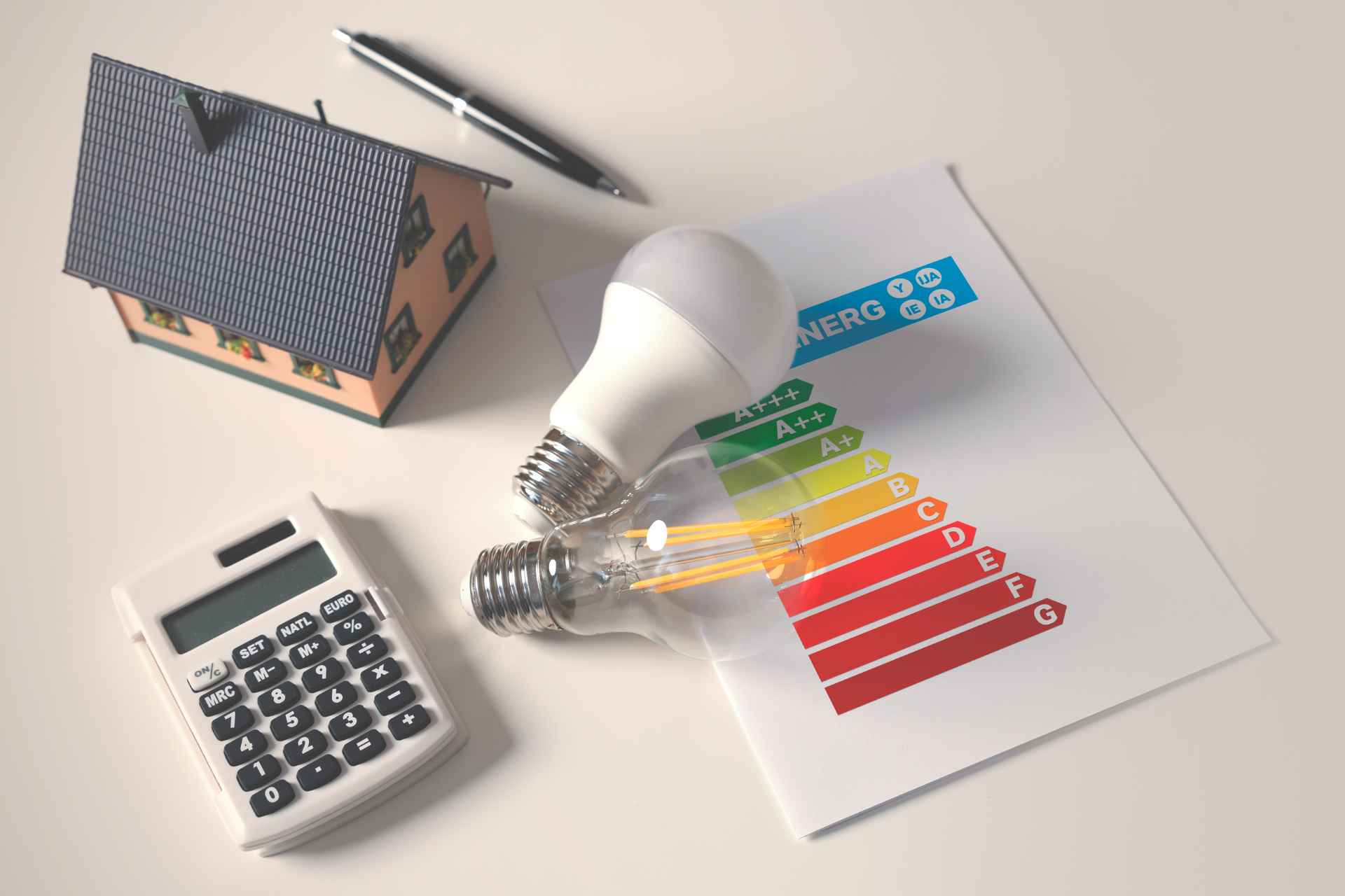 Miniature house model next to a pen, two light bulbs, a calculator, and an energy bar graph on paper.